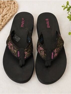 Teva Black Flip Sandals with Pink Floral Accents
